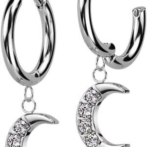 20GA Stainless Steel Crescent Moon CZ Hoop Earrings, Silver Tone, Pair